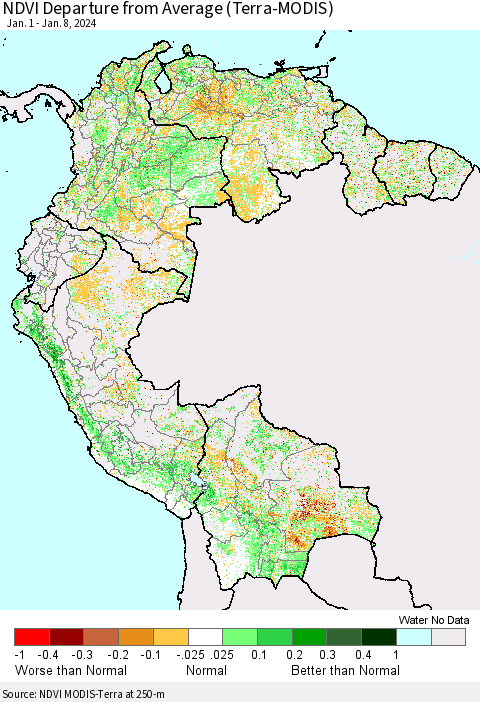 Northern South America NDVI Departure from Average (Terra-MODIS) Thematic Map For 1/1/2024 - 1/8/2024