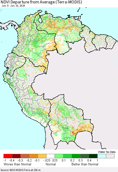 Northern South America NDVI Departure from Average (Terra-MODIS) Thematic Map For 1/9/2024 - 1/16/2024