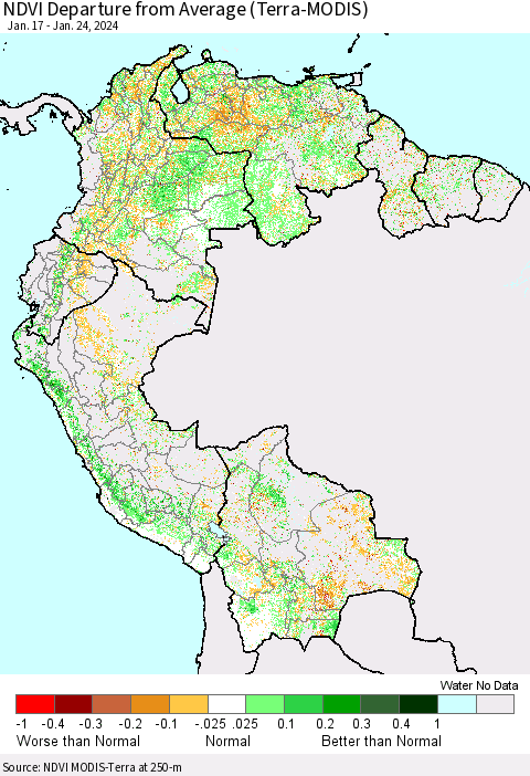 Northern South America NDVI Departure from Average (Terra-MODIS) Thematic Map For 1/17/2024 - 1/24/2024