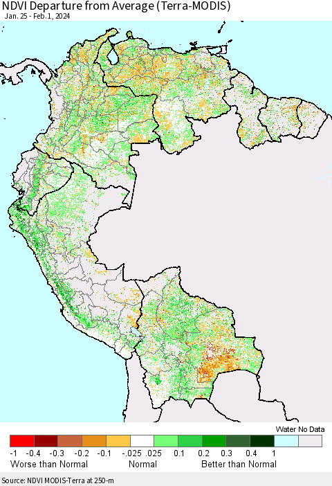 Northern South America NDVI Departure from Average (Terra-MODIS) Thematic Map For 1/25/2024 - 2/1/2024