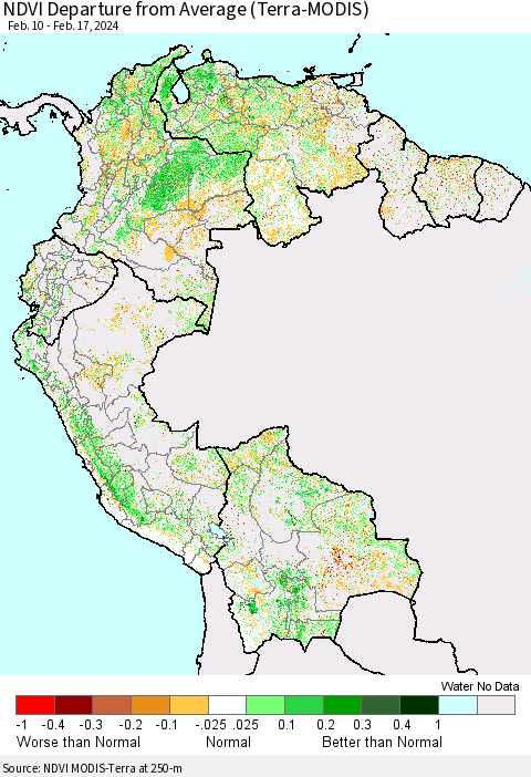 Northern South America NDVI Departure from Average (Terra-MODIS) Thematic Map For 2/10/2024 - 2/17/2024
