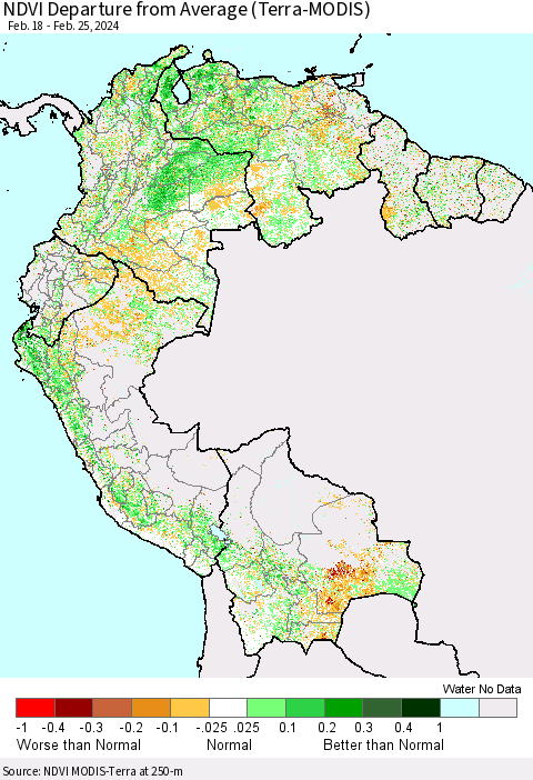 Northern South America NDVI Departure from Average (Terra-MODIS) Thematic Map For 2/18/2024 - 2/25/2024