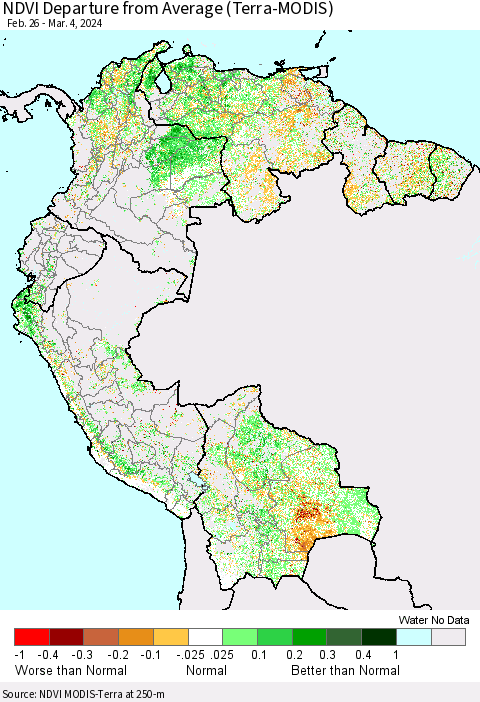 Northern South America NDVI Departure from Average (Terra-MODIS) Thematic Map For 2/26/2024 - 3/4/2024