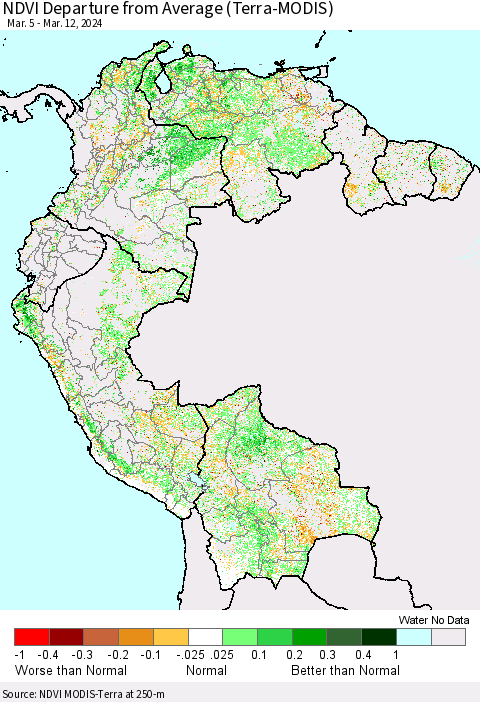 Northern South America NDVI Departure from Average (Terra-MODIS) Thematic Map For 3/5/2024 - 3/12/2024