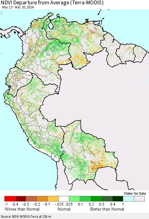 Northern South America NDVI Departure from Average (Terra-MODIS) Thematic Map For 3/13/2024 - 3/20/2024