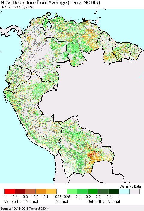 Northern South America NDVI Departure from Average (Terra-MODIS) Thematic Map For 3/21/2024 - 3/28/2024