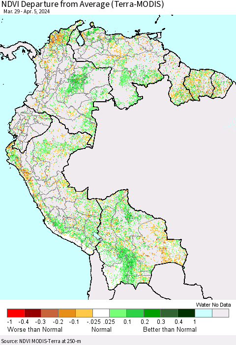 Northern South America NDVI Departure from Average (Terra-MODIS) Thematic Map For 3/29/2024 - 4/5/2024