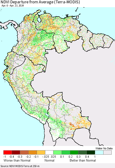 Northern South America NDVI Departure from Average (Terra-MODIS) Thematic Map For 4/6/2024 - 4/13/2024