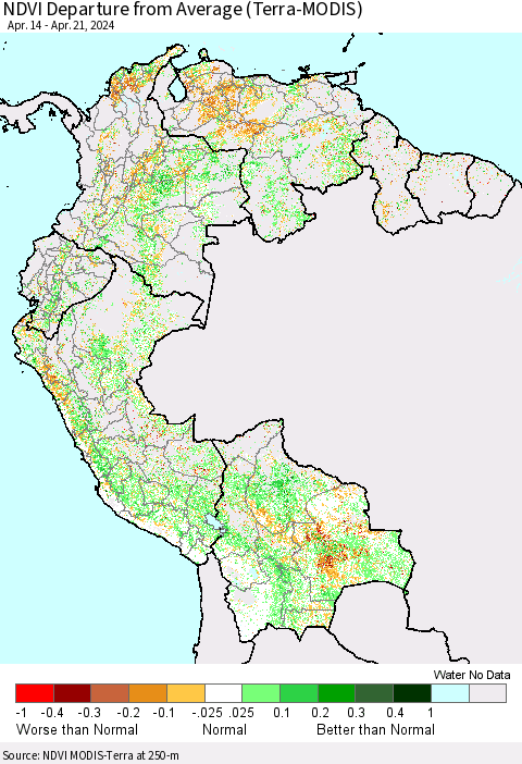 Northern South America NDVI Departure from Average (Terra-MODIS) Thematic Map For 4/14/2024 - 4/21/2024