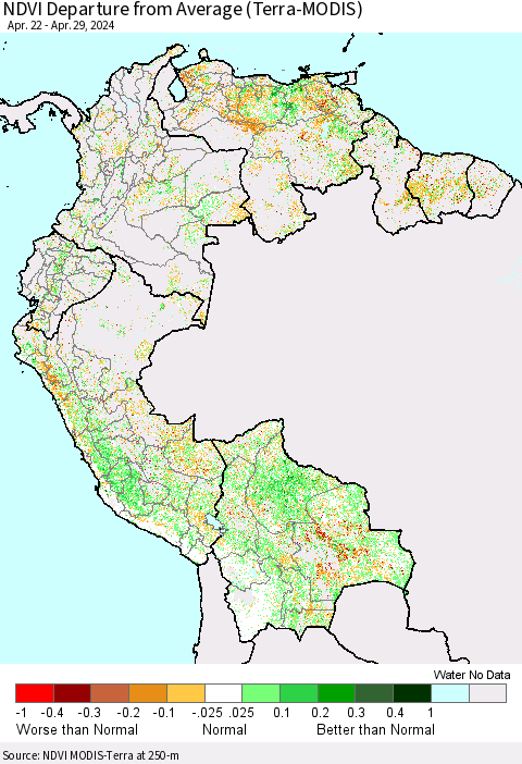 Northern South America NDVI Departure from Average (Terra-MODIS) Thematic Map For 4/22/2024 - 4/29/2024