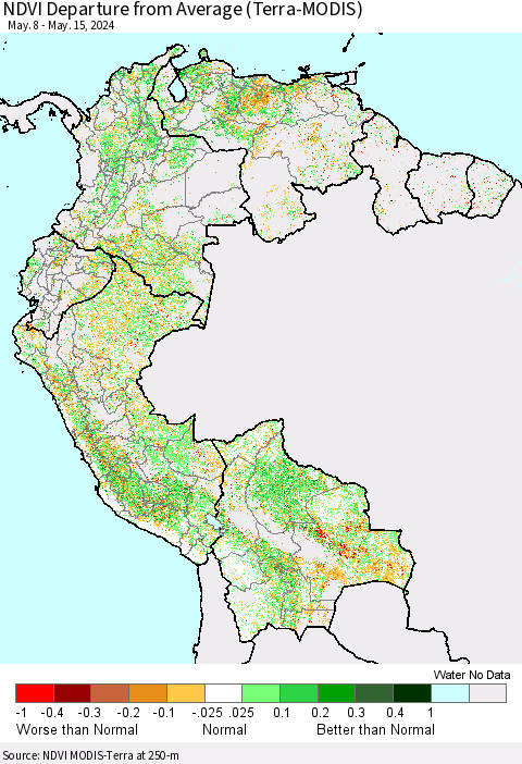 Northern South America NDVI Departure from Average (Terra-MODIS) Thematic Map For 5/8/2024 - 5/15/2024