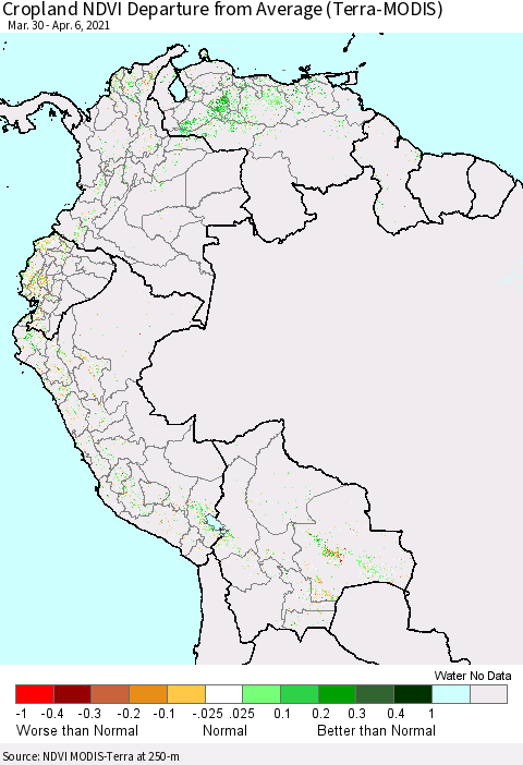Northern South America Cropland NDVI Departure from Average (Terra-MODIS) Thematic Map For 3/30/2021 - 4/6/2021