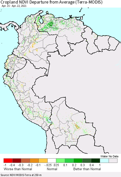 Northern South America Cropland NDVI Departure from Average (Terra-MODIS) Thematic Map For 4/15/2021 - 4/22/2021