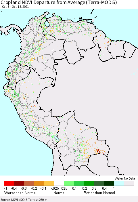 Northern South America Cropland NDVI Departure from Average (Terra-MODIS) Thematic Map For 10/8/2021 - 10/15/2021