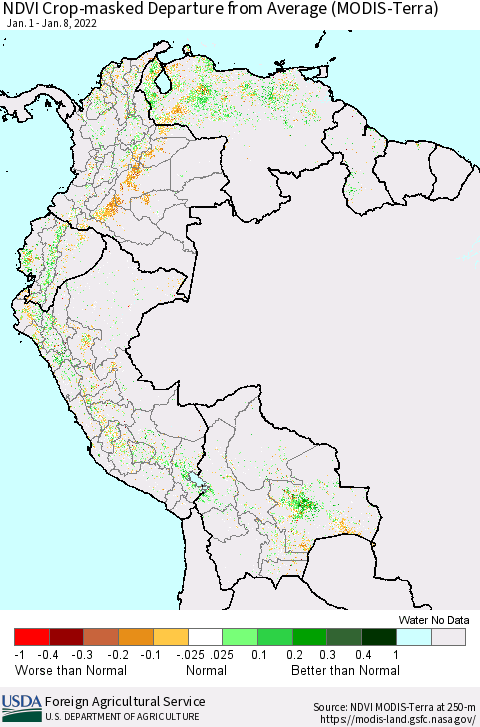 Northern South America Cropland NDVI Departure from Average (Terra-MODIS) Thematic Map For 1/1/2022 - 1/10/2022