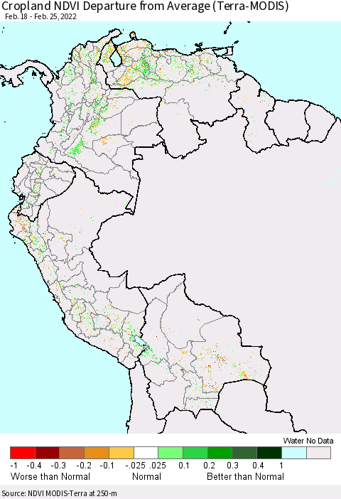 Northern South America Cropland NDVI Departure from Average (Terra-MODIS) Thematic Map For 2/18/2022 - 2/25/2022