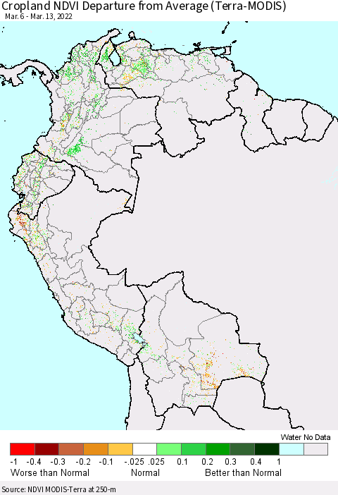 Northern South America Cropland NDVI Departure from Average (Terra-MODIS) Thematic Map For 3/6/2022 - 3/13/2022