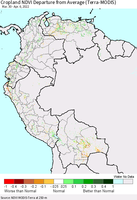 Northern South America Cropland NDVI Departure from Average (Terra-MODIS) Thematic Map For 3/30/2022 - 4/6/2022