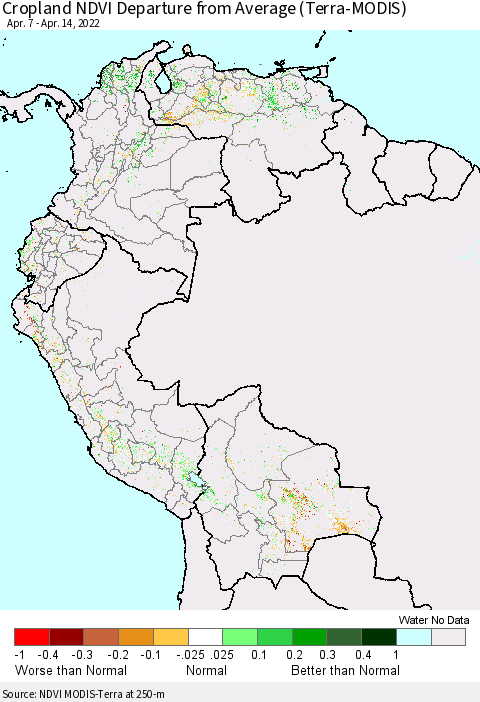 Northern South America Cropland NDVI Departure from Average (Terra-MODIS) Thematic Map For 4/7/2022 - 4/14/2022