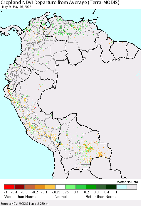 Northern South America Cropland NDVI Departure from Average (Terra-MODIS) Thematic Map For 5/9/2022 - 5/16/2022