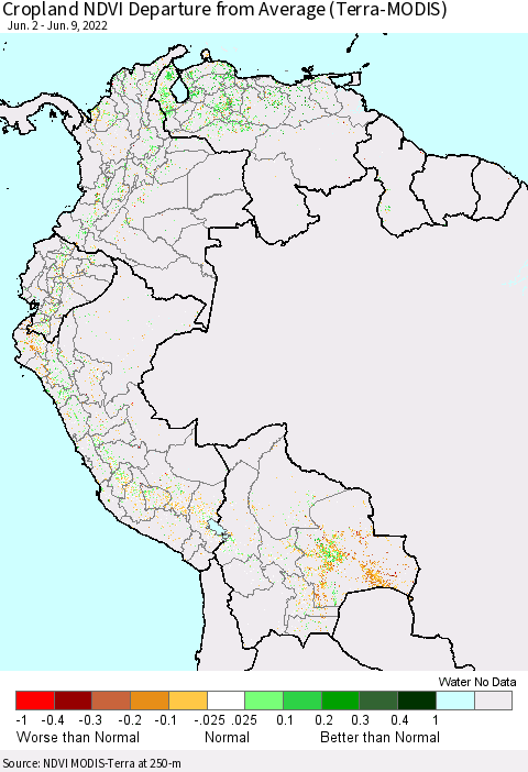 Northern South America Cropland NDVI Departure from Average (Terra-MODIS) Thematic Map For 6/2/2022 - 6/9/2022