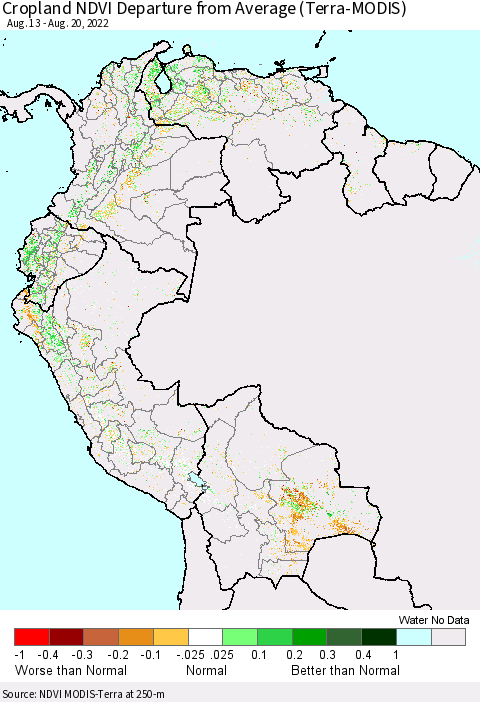 Northern South America Cropland NDVI Departure from Average (Terra-MODIS) Thematic Map For 8/11/2022 - 8/20/2022