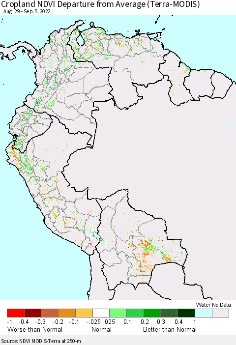 Northern South America Cropland NDVI Departure from Average (Terra-MODIS) Thematic Map For 8/29/2022 - 9/5/2022
