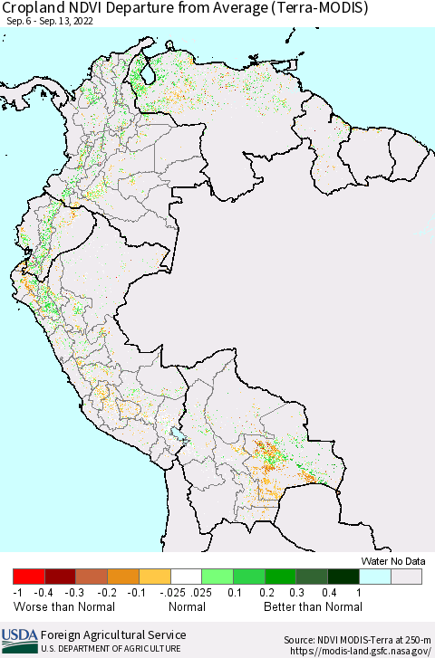 Northern South America Cropland NDVI Departure from Average (Terra-MODIS) Thematic Map For 9/11/2022 - 9/20/2022