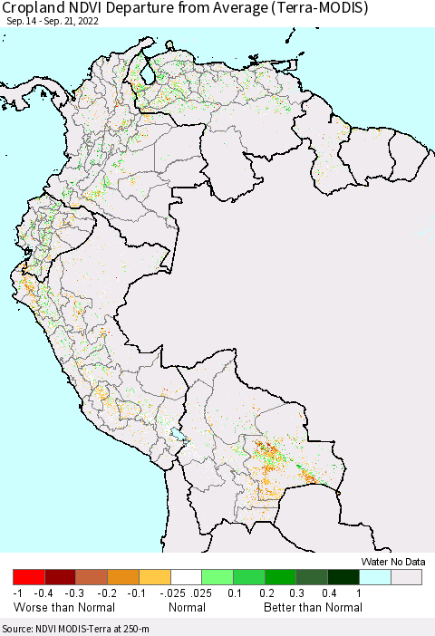 Northern South America Cropland NDVI Departure from Average (Terra-MODIS) Thematic Map For 9/14/2022 - 9/21/2022