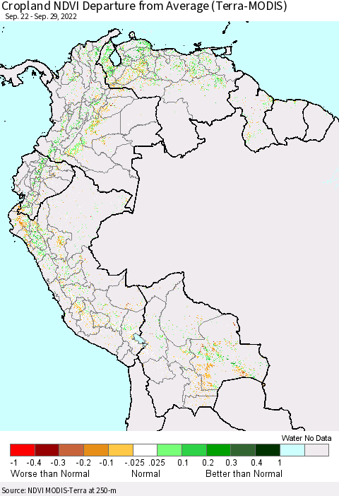 Northern South America Cropland NDVI Departure from Average (Terra-MODIS) Thematic Map For 9/22/2022 - 9/29/2022