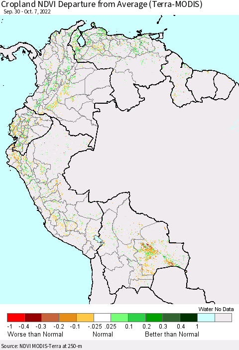 Northern South America Cropland NDVI Departure from Average (Terra-MODIS) Thematic Map For 9/30/2022 - 10/7/2022