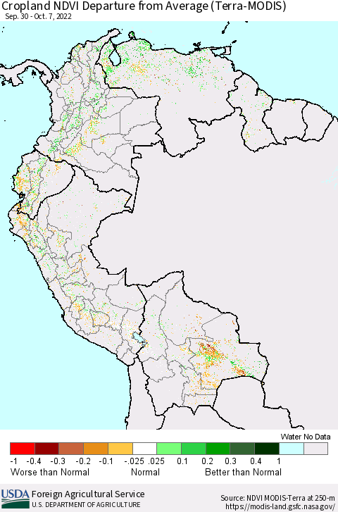 Northern South America Cropland NDVI Departure from Average (Terra-MODIS) Thematic Map For 10/1/2022 - 10/10/2022