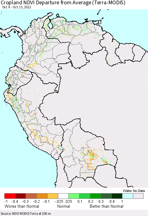 Northern South America Cropland NDVI Departure from Average (Terra-MODIS) Thematic Map For 10/8/2022 - 10/15/2022