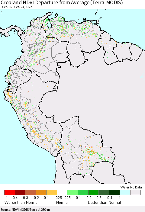 Northern South America Cropland NDVI Departure from Average (Terra-MODIS) Thematic Map For 10/16/2022 - 10/23/2022