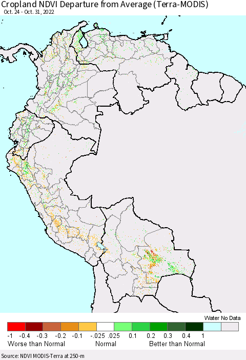 Northern South America Cropland NDVI Departure from Average (Terra-MODIS) Thematic Map For 10/24/2022 - 10/31/2022