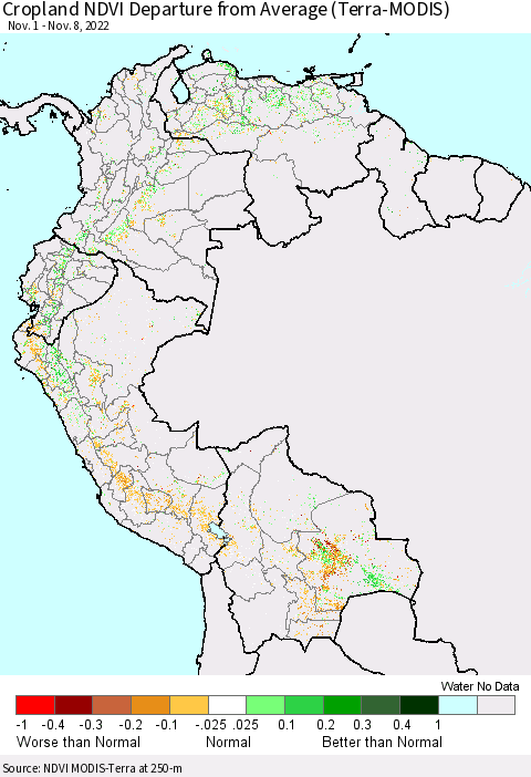 Northern South America Cropland NDVI Departure from Average (Terra-MODIS) Thematic Map For 11/1/2022 - 11/8/2022