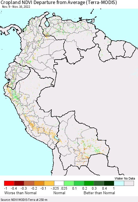 Northern South America Cropland NDVI Departure from Average (Terra-MODIS) Thematic Map For 11/9/2022 - 11/16/2022