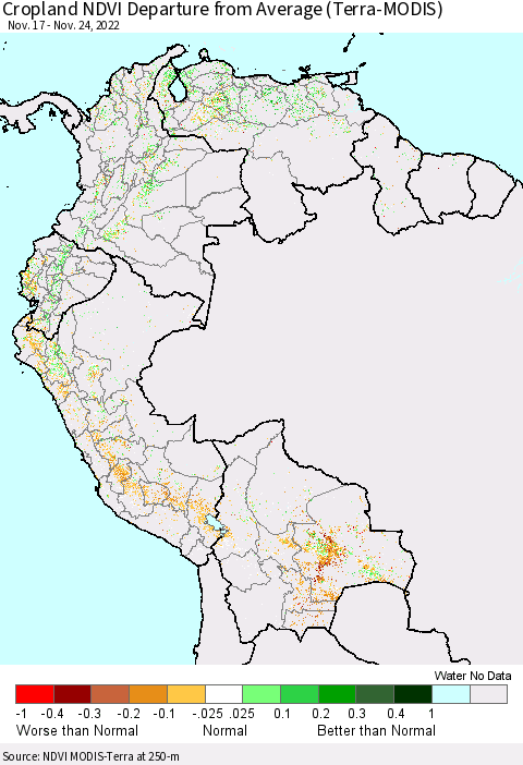 Northern South America Cropland NDVI Departure from Average (Terra-MODIS) Thematic Map For 11/17/2022 - 11/24/2022