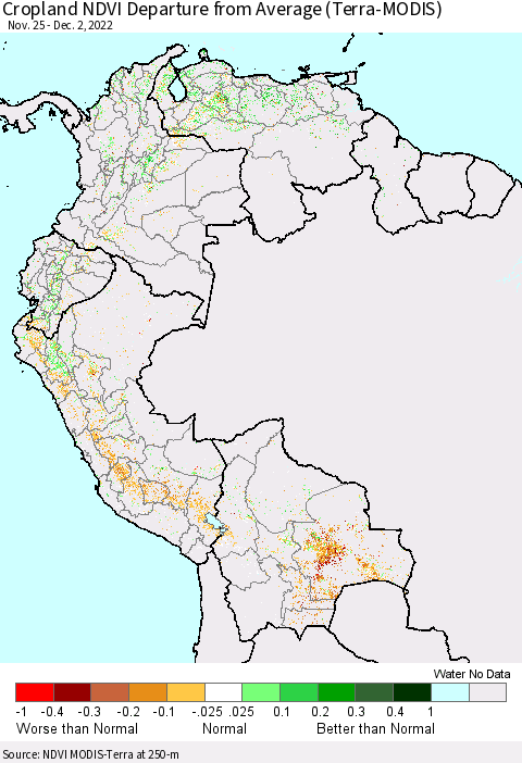 Northern South America Cropland NDVI Departure from Average (Terra-MODIS) Thematic Map For 11/25/2022 - 12/2/2022