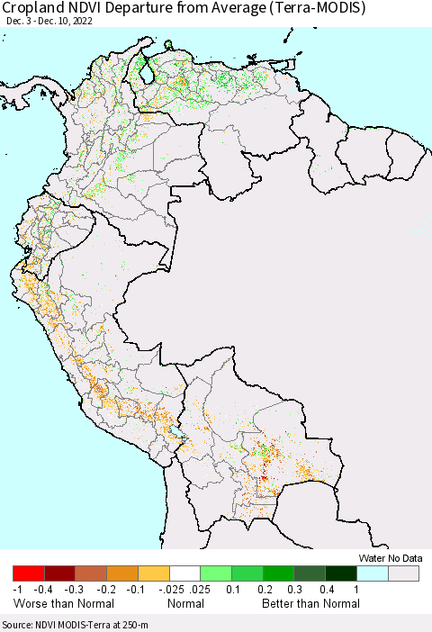Northern South America Cropland NDVI Departure from Average (Terra-MODIS) Thematic Map For 12/1/2022 - 12/10/2022