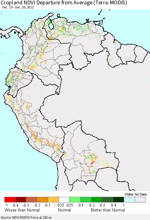 Northern South America Cropland NDVI Departure from Average (Terra-MODIS) Thematic Map For 12/19/2022 - 12/26/2022