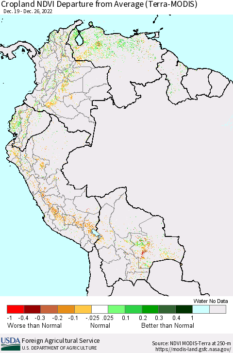 Northern South America Cropland NDVI Departure from Average (Terra-MODIS) Thematic Map For 12/21/2022 - 12/31/2022