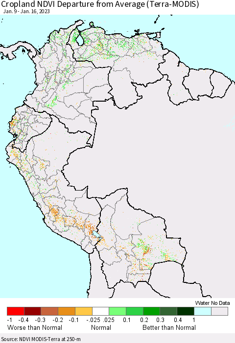 Northern South America Cropland NDVI Departure from Average (Terra-MODIS) Thematic Map For 1/9/2023 - 1/16/2023
