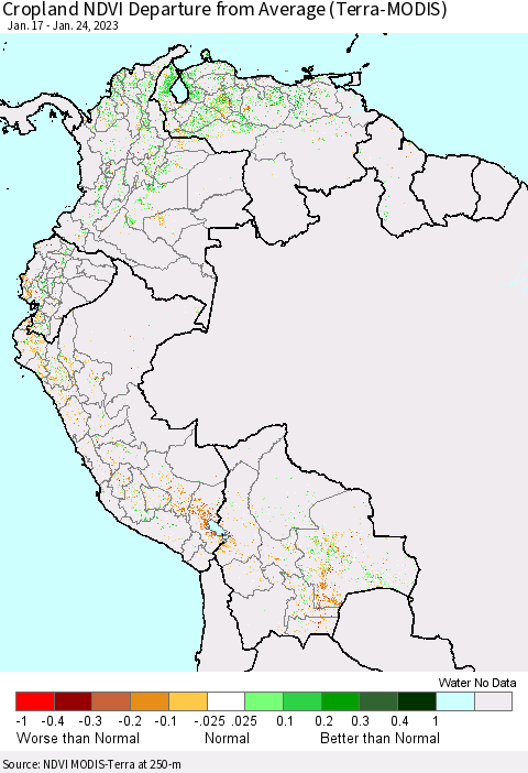 Northern South America Cropland NDVI Departure from Average (Terra-MODIS) Thematic Map For 1/17/2023 - 1/24/2023