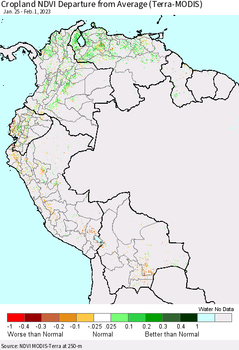 Northern South America Cropland NDVI Departure from Average (Terra-MODIS) Thematic Map For 1/25/2023 - 2/1/2023