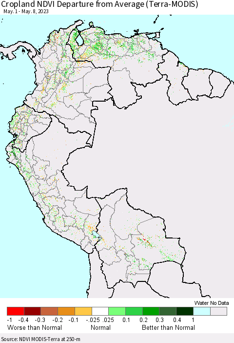 Northern South America Cropland NDVI Departure from Average (Terra-MODIS) Thematic Map For 5/1/2023 - 5/8/2023
