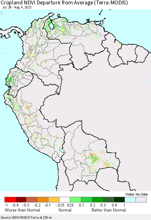 Northern South America Cropland NDVI Departure from Average (Terra-MODIS) Thematic Map For 7/28/2023 - 8/4/2023