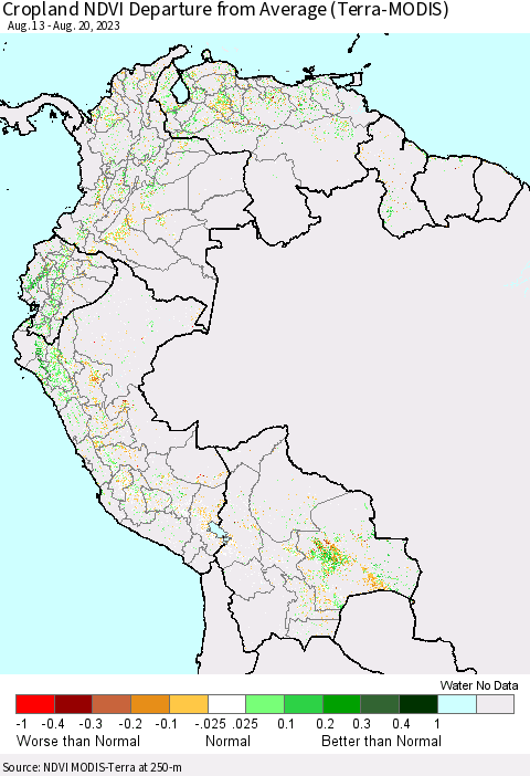 Northern South America Cropland NDVI Departure from Average (Terra-MODIS) Thematic Map For 8/13/2023 - 8/20/2023