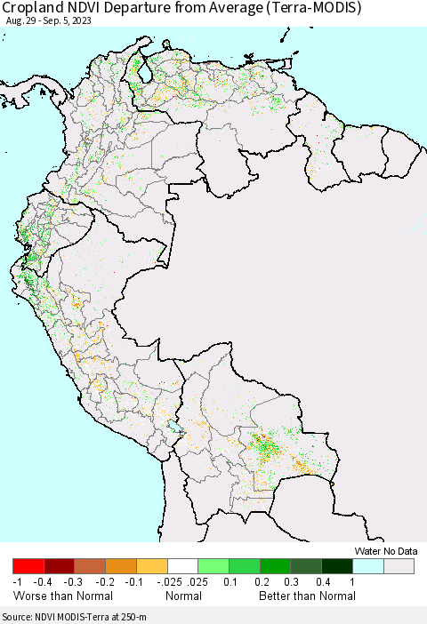 Northern South America Cropland NDVI Departure from Average (Terra-MODIS) Thematic Map For 8/29/2023 - 9/5/2023