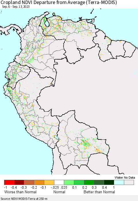 Northern South America Cropland NDVI Departure from Average (Terra-MODIS) Thematic Map For 9/6/2023 - 9/13/2023
